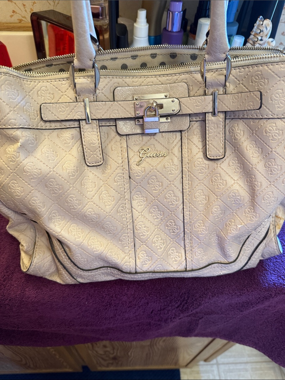 GUESS Quilted Tote in Pale Pink with Silver Hardware